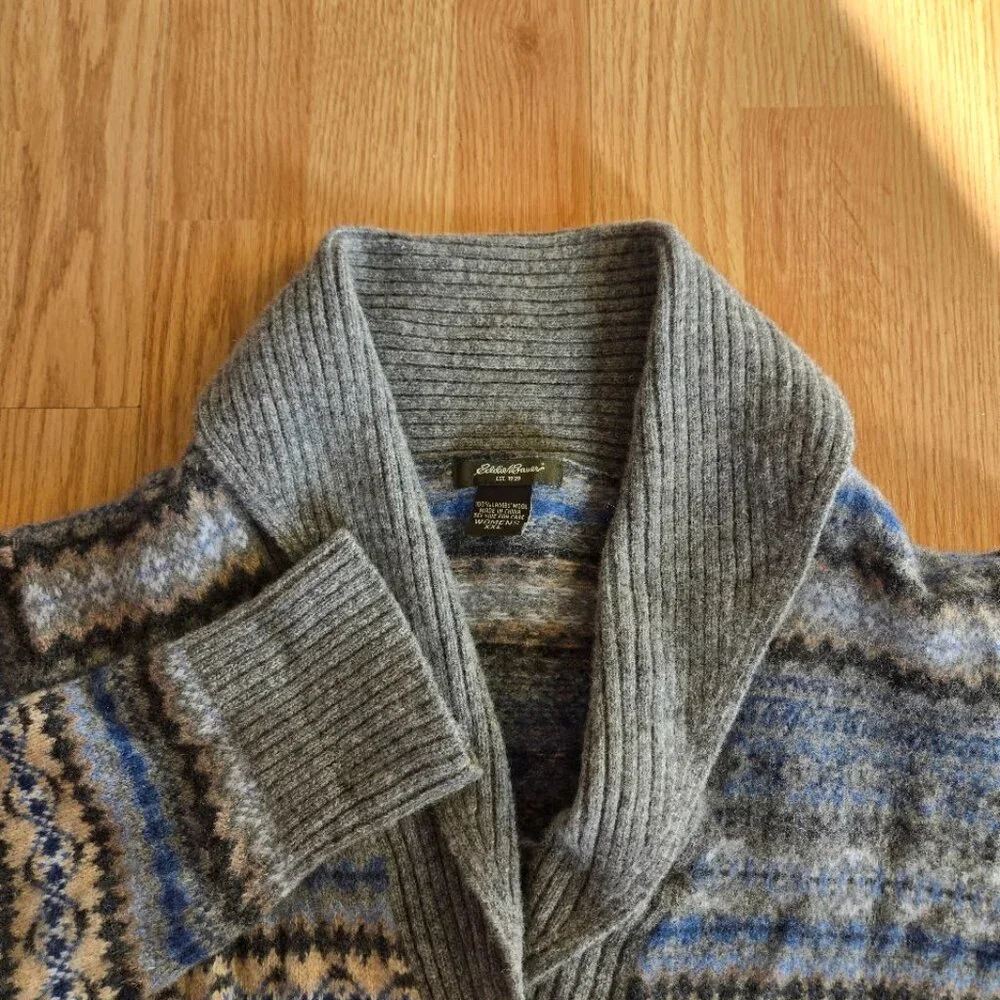Eddie Bauer Fair Isle Lambswool Cardigan Sweater Gray Blue XXL (Fits M) Nordic P - Picture 1 of 8